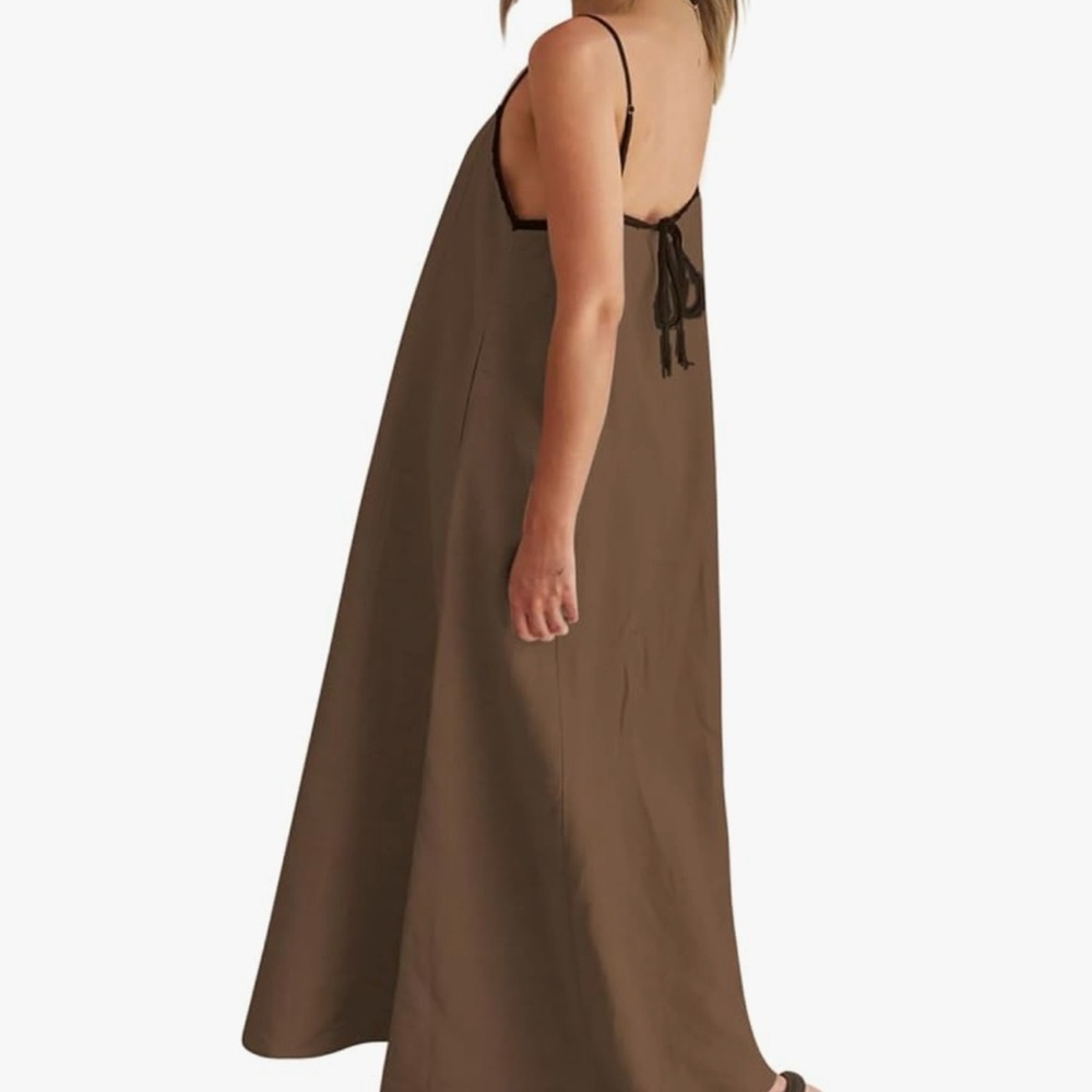 Brown Linen Maxi Dress with Adjustable Straps - Picture 4 of 17